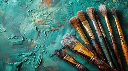 A vibrant collection of paintbrushes on a green textured canvas