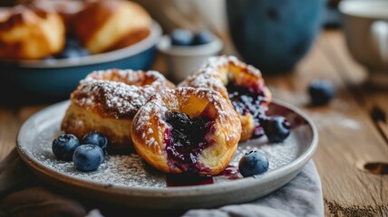 Delicious fruit pastries dusted with powdered sugar, accompanied by blueberries