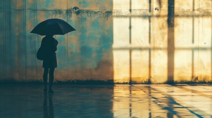 Lonely figure holding umbrella against a golden lit rainy backdrop