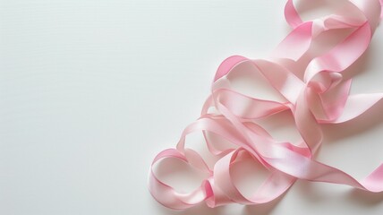 Elegant pink satin ribbon arranged in graceful curves on a clean white surface