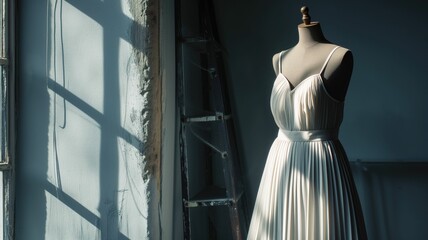 Elegant white dress on a classic mannequin, casting a long shadow in sunlight