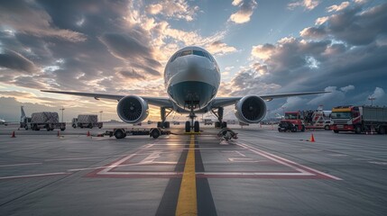 Ground Operations at Airport - A Wide-Angle Shot of Support Vehicles Surrounding an Airplane on the Tarmac, Illustrating Coordinated Efforts in Aircraft Preparation - obrazy, fototapety, plakaty