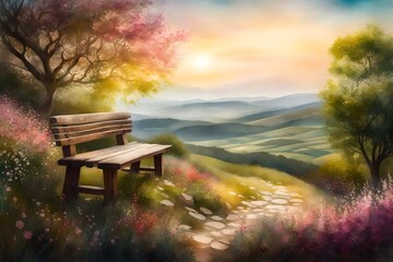 A nostalgic setting with an ancient wooden bench positioned on a hilltop, overlooking a lush and vibrant valley, the air filled with the fragrance of blooming flowers - obrazy, fototapety, plakaty