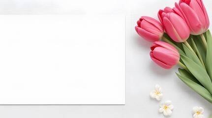 White and pink tulips on a white background with a place for text