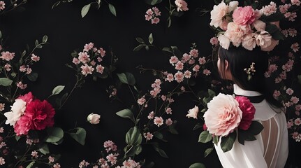 Beautiful Asian woman with flowers on black background, vintage tone
