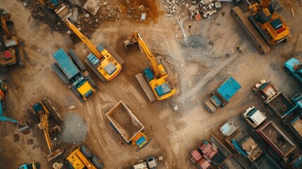 Machinery Power: Witness the Power of a Construction Fleet in Action, As Birds-eye View Unveils Bulldozers, Excavators, and Dump Trucks Ready to Transform the Landscape with Industrial Progress.


