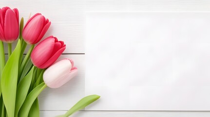 Top view of tulips with blank paper on white wooden background.
