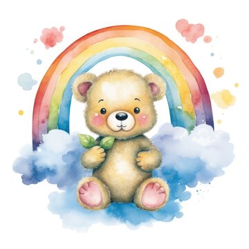 A teddy bear rests on a fluffy cloud while a vibrant rainbow stretches across the sky.