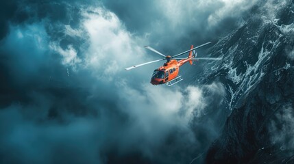 Aerial Lifesaver: Helicopter Rescue - Search and Rescue Helicopter Hovering Dramatically Above Mountainous Terrain, Showcasing the Crucial Role of Helicopters in Emergency Situations.