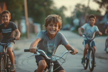 Obraz premium A group of adventurous children riding their bicycles through the beautiful outdoor landscape, with big smiles on their faces as they enjoy the thrill of cycling and the freedom of the open road