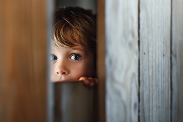 A curious toddler gazes through a wooden door, their young face full of wonder and innocence as they peer into the unknown world beyond