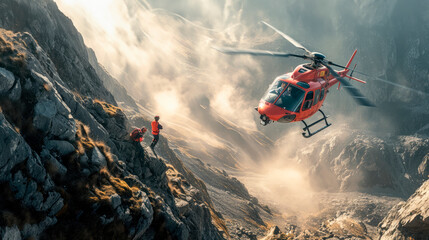 Fototapeta na wymiar Aerial Lifesaver: Helicopter Rescue - Search and Rescue Helicopter Hovering Dramatically Above Mountainous Terrain, Showcasing the Crucial Role of Helicopters in Emergency Situations.