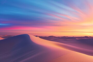 Fototapeta na wymiar Vibrant hues of the sky meet the serene landscape of a singing sand dune, as the sun sets over the peaceful desert horizon