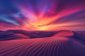Vibrant colors of the sky paint a serene backdrop for the towering sand dunes and rugged mountains of the desert at sunset