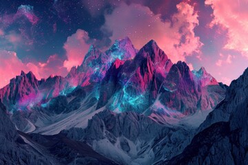 A stunning mountain range illuminated by vibrant lights against a starry night sky, evoking a sense of awe and wonder in the beauty of nature's majesty