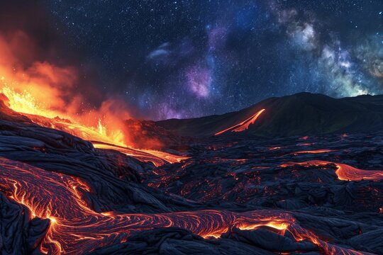 Fiery lava cascades down the rugged mountain, illuminating the night sky and revealing the raw power of nature