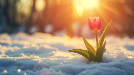 Single Red Tulip Rises from Snowy Ground as Sun Sets, Merging of Winter and Spring - obrazy, fototapety, plakaty