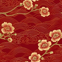 Chinese new year flower simple, line sketch on red background