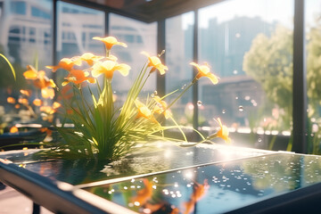 Yellow flowers stand on a table in a room in which the morning sun is shining brightly
