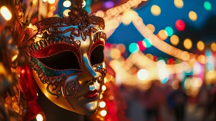 Carnival masquerade parade mask on blurred dark blue background with bokeh lights and garlands....