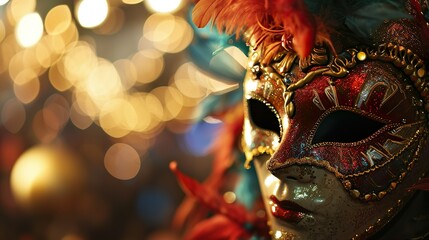 Colorful carnival masquerade parade mask on blurred bokeh lights background with copy space. For Venetian costume festival celebration, invitation, promotion. - obrazy, fototapety, plakaty