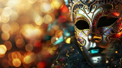 Colorful carnival masquerade parade mask on blurred dark blue background with bokeh lights. Copy space. For Venetian costume festival celebration, invitation, promotion. - obrazy, fototapety, plakaty