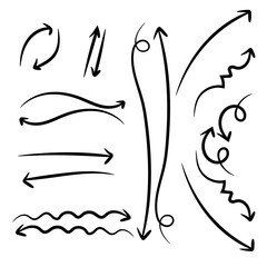 Set of hand-drawn black arrows with vector illustration elements featuring flowers, birds, swans, and decorative swirls.