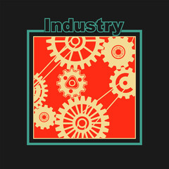 Fragment of a gear transmission of industrial equipment. Emblem, logo, icon. At the top there is an inscription - Industry. Vector illustration