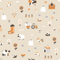 Fototapeta premium Farm cartoon seamless pattern. Vector funny hand-drawn characters of domestic animals, countryside, houses and sheds with tractor and garden. Trendy doodle Scandinavian style, beige neutral palette.