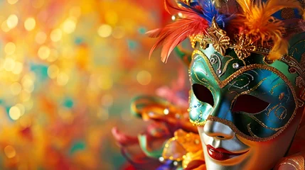Gordijnen Colorful carnival masquerade parade mask on blurred dark blue background with bokeh lights. Copy space. For Venetian costume festival celebration, invitation, promotion. © lanters_fla
