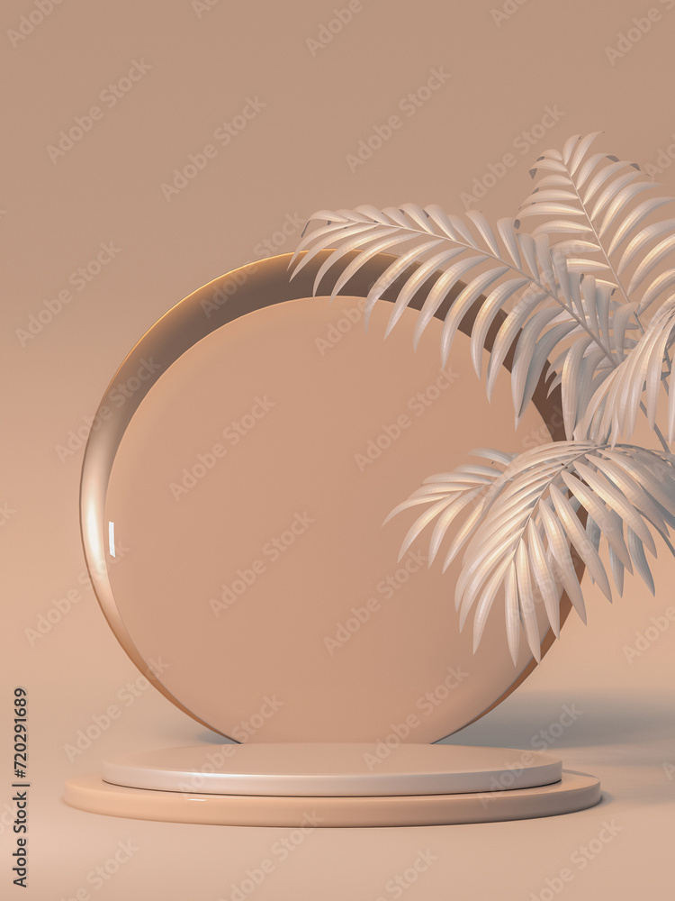 Poster 3d beige minimal composition with abstract palm for mockup products display. stage showcase on pedes