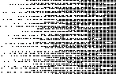 Abstract monochrome pixelated background. Scattered loose data elements. Horizontal line composition. Technology and cyber security check backdrop.