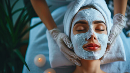 A woman enjoying a relaxing spa treatment in a salon, with a facial mask and skincare products for a soothing and rejuvenating experience