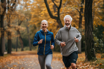 Cheerful active senior jogging in public park together having fun lifestyle