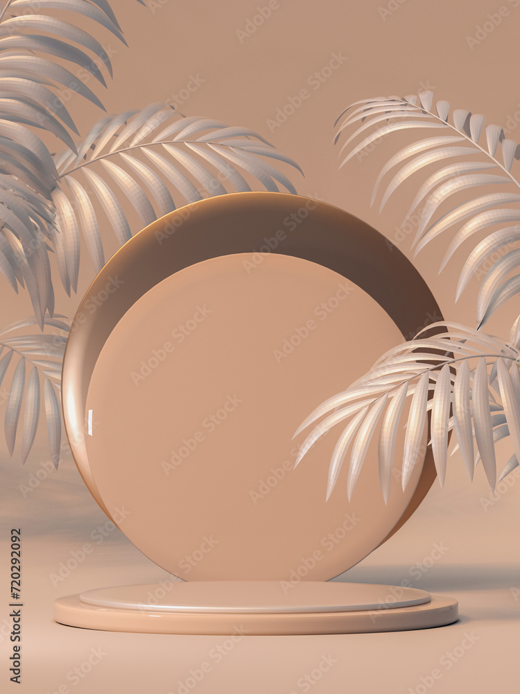 Poster 3d beige minimal composition with abstract palm for mockup products display. stage showcase on pedes