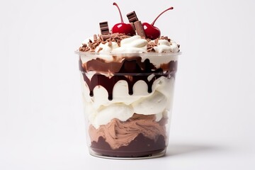layers sundae of chocolate ice cream with cherries and chocolate on a white background with a spoon
