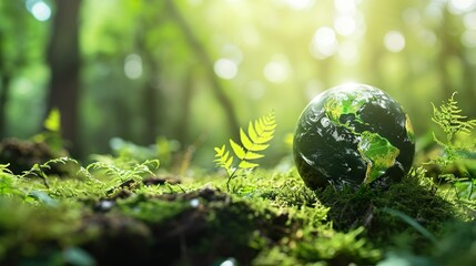 Obraz na płótnie Canvas Earth day celebration background with copy space. A globe is surrounded by greenery and sunlight. Nature planet ecology design concept.