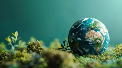 Obraz na płótnie Canvas Detailed globe with continents and oceans on green moss. Soft turquoise color backdrop with copy space. Earth Day celebration or planet ecology concept.