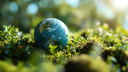 Obraz na płótnie Canvas Earth Day celebration or planet ecology concept with blurred bokeh light background, copy space. A globe is surrounded by greenery and sunlight.
