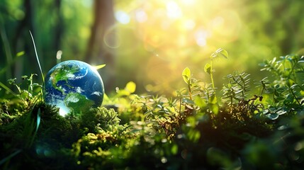 Earth day celebration background with copy space. A globe is surrounded by greenery and sunlight. Nature planet ecology design concept.
