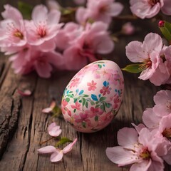 Easter eggs in nest with pink sakura flowers on wooden background 
