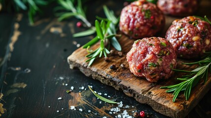 Handmade raw meatballs seasoned with herbs ready for cooking