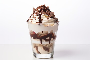 layers sundae of chocolate ice cream with chocolate on a white background 