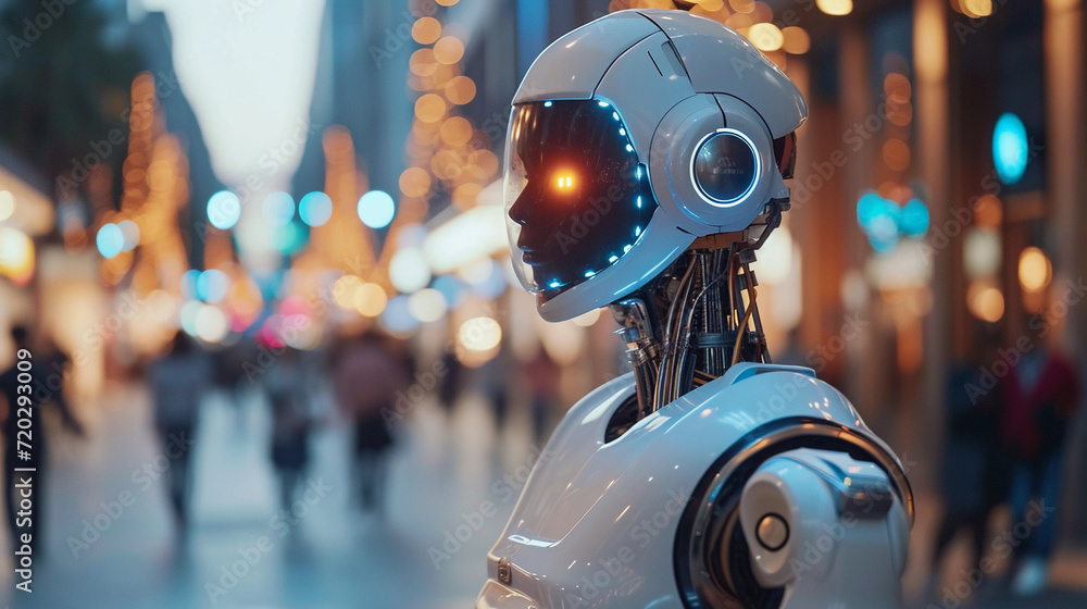 Poster cyborg robot of the future using artificial intelligence on the streets