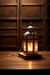 Traditional lantern glowing warmly on wooden backdrop