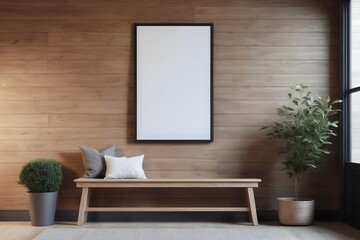 Interior design of a country house with a modern hallway. Wooden bench near wood paneled wall with empty mockup poster frame.