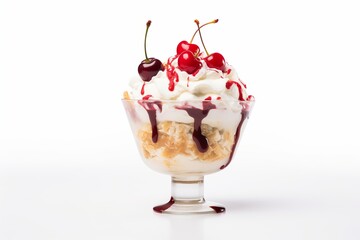 sundae ice cream dessert with cherries on copy white background 