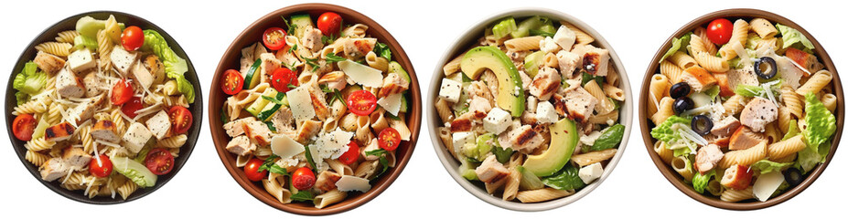 caesar pasta salad with chicken in a bowl, top view - obrazy, fototapety, plakaty