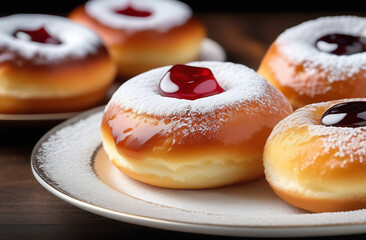 Sufganiyet fried donuts with jelly and sugar powder in a plate, closeup, Jewish food holiday Hanukkah symbol.