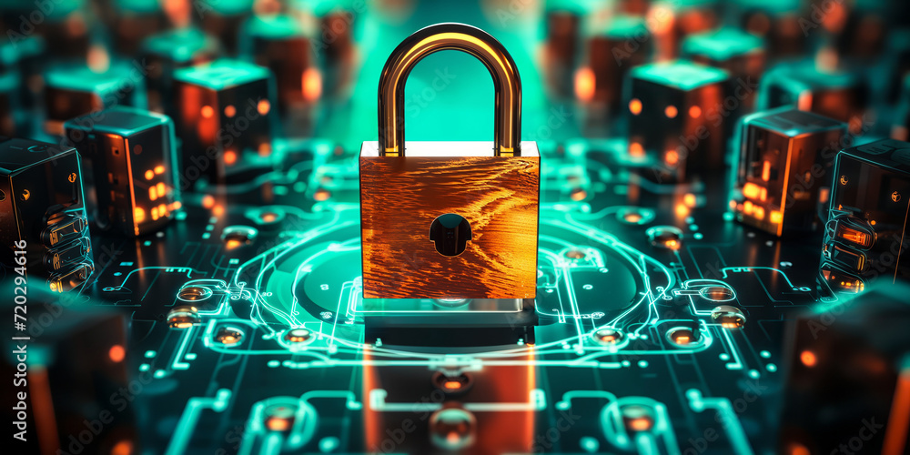 Poster digital lock with floating data blocks in a virtual reality space, representing online security, enc